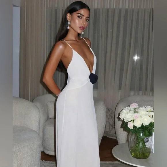 Revolve Helsa Sheer Deep V Long Slip Dress Cream Maxi with Rosette Flower Small - Picture 13 of 14